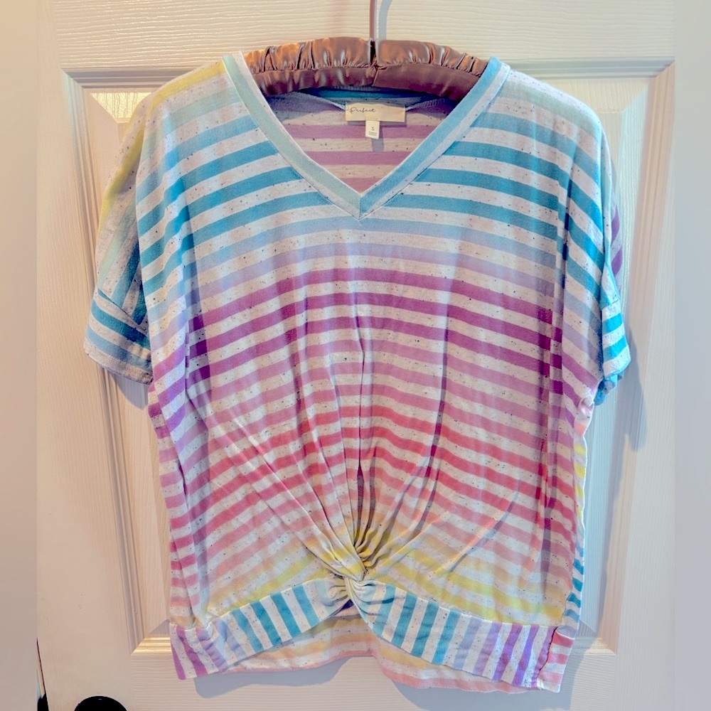 Pastel Striped V-Neck Shirt Twist Front Women’s Small Summer